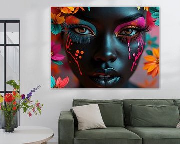 Surrealistisch portret van een donkere vrouw met veel kleur