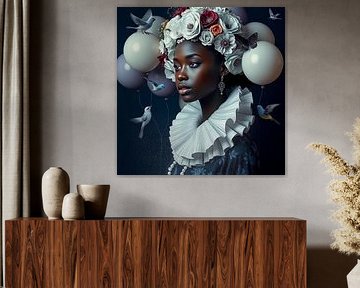 Portrait delft blue modern art black-afro girl with flowers.
