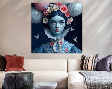 Portrait delft blue modern girl with butterflies. by J.a Dijkstra
