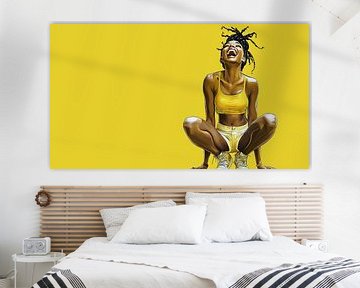 Cheerful woman in yellow fitness outfit by Frank Heinz