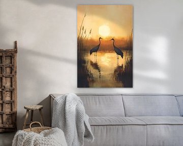 Twee kraanvogels bij zonsondergang van Imperial Art House