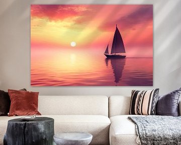 Zeilboot bij zonsondergang op zee van Imperial Art House