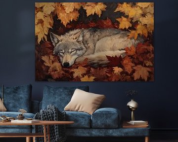 Slaapende wolf in herfstbladeren van Imperial Art House