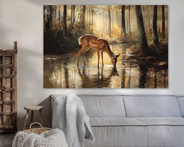 Hert bij bosvijver in ochtendlicht van Imperial Art House