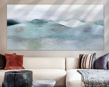 Japan bergen landschap schilderij in hedendaagse kleuren van Mad Dog Art