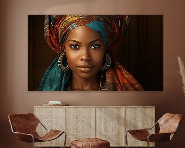 Portrait of an African woman with a colourful headscarf on a black background by Animaflora PicsStock