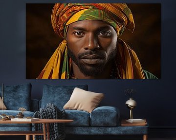 Porträt eines afrikanischen Mannes mit buntem Kopftuch auf schwarzen Hintergrund von Animaflora PicsStock