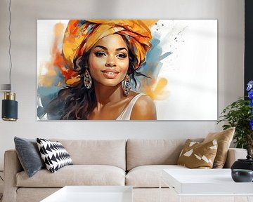 Porträt einer afrikanischen Frau mit lächelndem Aquarell-Kunstdesign und buntem Kopftuch