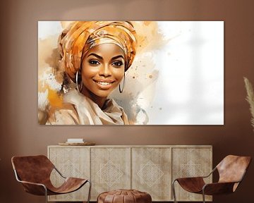 Porträt einer afrikanischen Frau mit lächelndem Aquarell-Kunstdesign und buntem Kopftuch