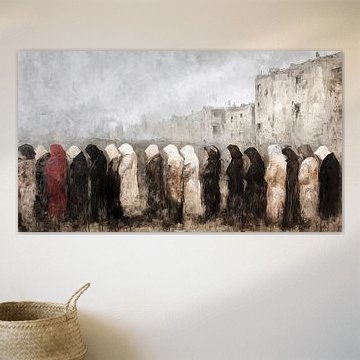 Mourning women in front of a destroyed city by Frank Heinz