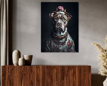 Pitbull dog in floral clothes