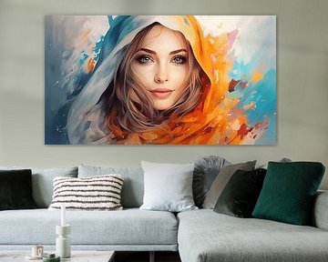 Porträt einer lächelndem muslimischen Frau mit  buntem Kopftuch Aquarell-Kunst Design