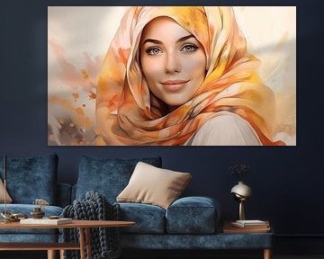 Porträt einer lächelndem muslimischen Frau mit  buntem Kopftuch Aquarell-Kunst Design