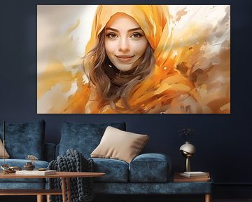 Porträt einer lächelndem muslimischen Frau mit  buntem Kopftuch Aquarell-Kunst Design