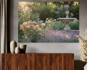 Romantischer Garten mit Blumen und Springbrunnen