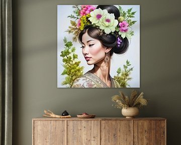 Femme chinoise avec une coiffe de fleurs