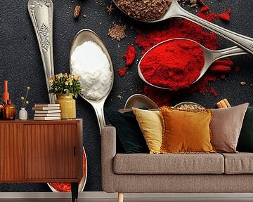 Colourful spices on spoons by Wandbilder-Shop