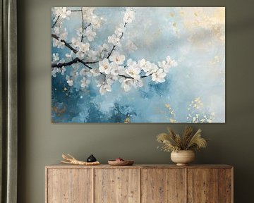 Witte bloesem op blauwe achtergrond van Imperial Art House