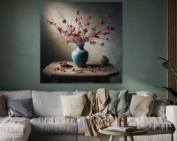 Blue vase with branches and red berries still life by Herman Peters