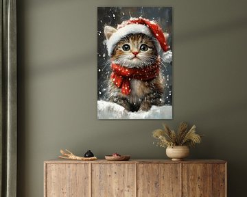 Winterse Blik - Kitten met Kerstmuts en Sneeuwsjaal van Eva Lee