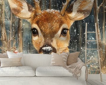 Winterstille - Junges Hirschkalb im verschneiten Wald von Eva Lee