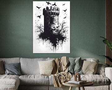 Mystieke toren met kraaien in zwart-wit van Pixelbull Design
