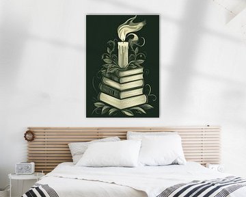 Green Academia - Kaars op boeken als symbool van kennis en mystiek van Pixelbull Design