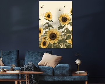 Tournesols d'été avec abeilles bourdonnantes