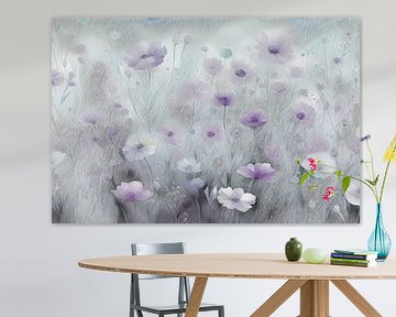 Wildblumen im Nebel, moderne und abstrakte Blumenwiese in aktuellenFarben