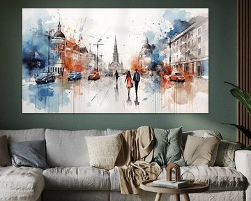 Ville avec des gens aquarelle panoramique sur fond blanc, design d'art couleur