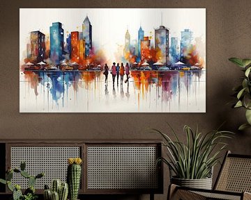Ville avec des gens aquarelle panoramique sur fond blanc, design d'art couleur