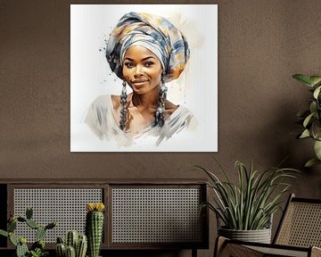 Portrait of an African woman with smiling watercolour art design and colourful headscarf on a white background by Animaflora PicsStock