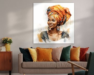 Portrait of an African woman with smiling watercolour art design and colourful headscarf on a white background by Animaflora PicsStock