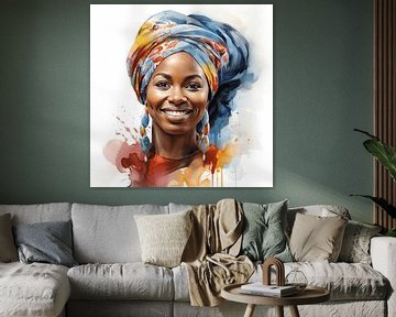Portrait of an African woman with smiling watercolour art design and colourful headscarf on a white background by Animaflora PicsStock