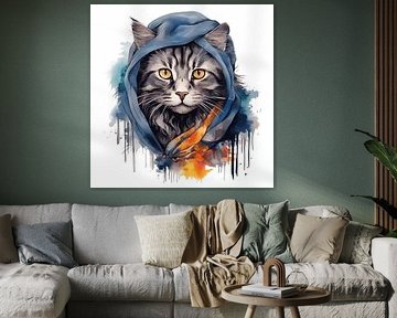 Porträt einer Katze in Wasserfarbe gemalt mit Buntem Kopftuch auf weißen Hintergrund