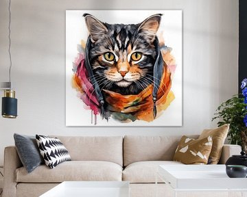 Porträt einer Katze in Wasserfarbe gemalt mit Buntem Kopftuch auf weißen Hintergrund
