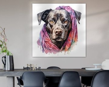 Porträt eins Hundes in Wasserfarbe gemalt mit Buntem Kopftuch auf weißen Hintergrund