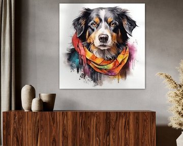 Porträt eins Hundes in Wasserfarbe gemalt mit Buntem Kopftuch auf weißen Hintergrund