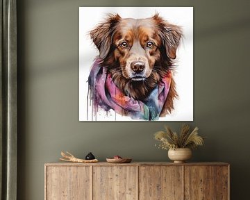 Porträt eins Hundes in Wasserfarbe gemalt mit Buntem Kopftuch auf weißen Hintergrund