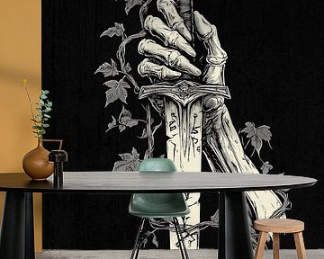 Gothic Skelett-Hand hält Schwert mit Ranken und Totenschädel