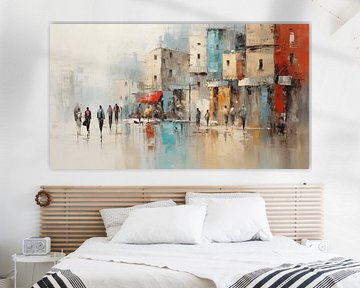 Abstract schilderij in de stad met winkelcentrum mensen, huis, straat kleur, aquarel kunst ontwerp van Animaflora PicsStock