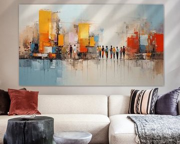 Abstract schilderij in de stad met winkelcentrum mensen, huis, straat kleur, aquarel kunst ontwerp van Animaflora PicsStock