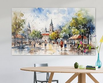 Abstract painting in the city with shopping mall people, house, street colour, watercolour art design by Animaflora PicsStock