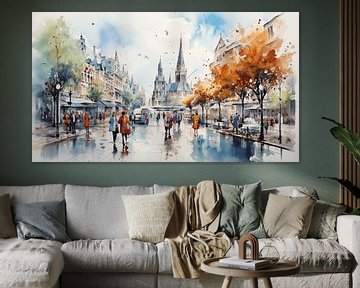 Abstract schilderij in de stad met winkelcentrum mensen, huis, straat kleur, aquarel kunst ontwerp van Animaflora PicsStock