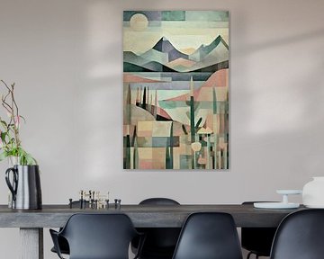 Abstrakte Berglandschaft mit Sonne und Pflanzen