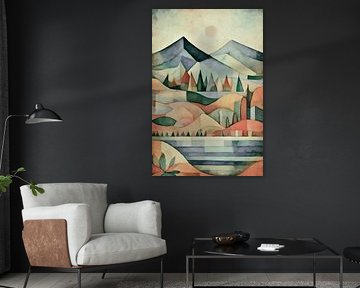 Abstract berglandschap met een meer en bomen van Anna Marie de Klerk