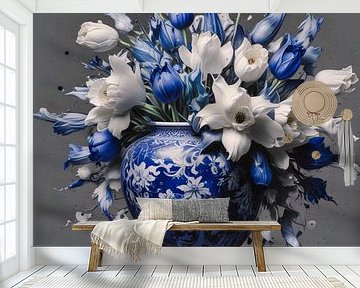 art modern delfts blauw vaas met tulpen modern art. van J.a Dijkstra