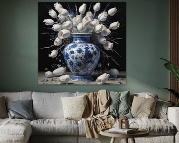 Delft blue vase with white tulips modern art.