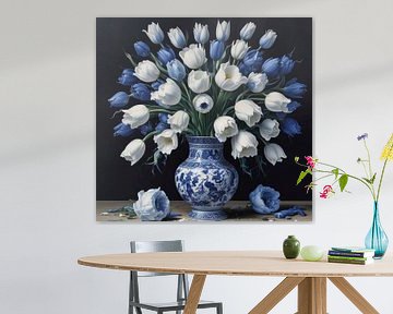 Delft blue vase with white and blue tulips. by J.a Dijkstra