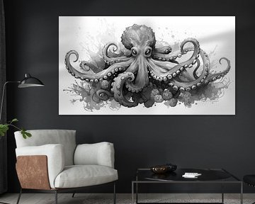 Zwart-wit aquarel inktvis op witte achtergrond